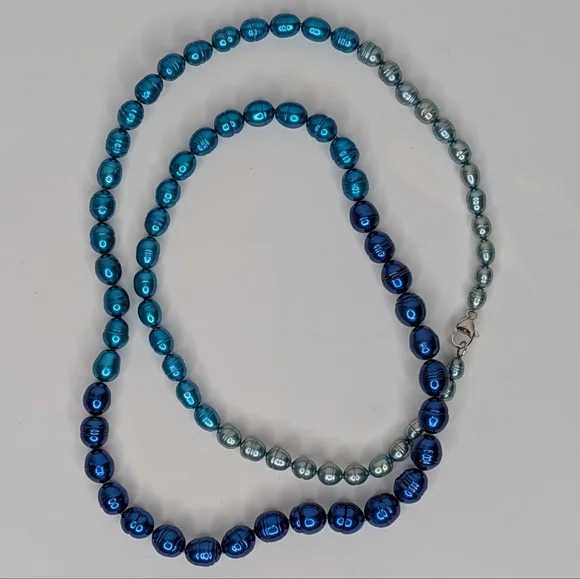 Honora Pearl Necklace Teal Navy Blue Aqua Ombre Freshwater Pearls Sterling 925 - Picture 3 of 8